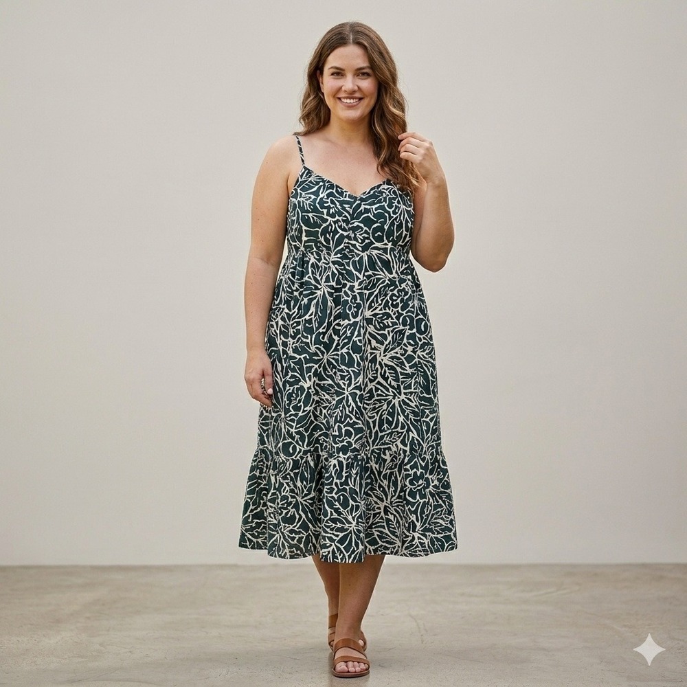 Gap Midi Cami Dress Women Large Green White Floral Cotton Smocked Tiered